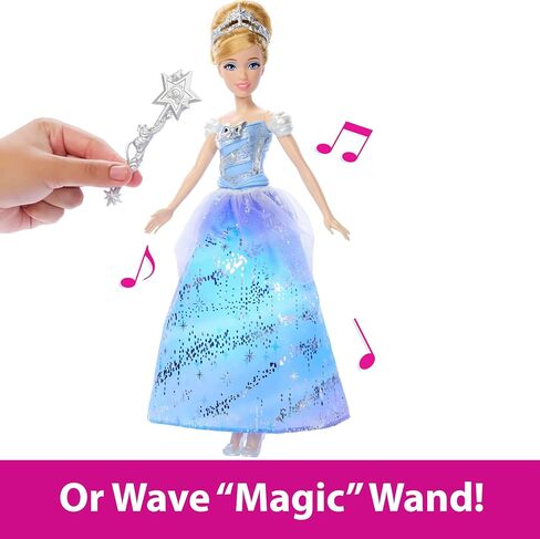 Mattel Disney Princess Cinderella Light Up Dress Fashion Doll with Sounds and Magic Wand Activation ، Ballgown Cinderella المستوحى من الفيلم in Kuwait