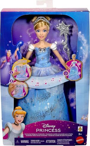 Mattel Disney Princess Cinderella Light Up Dress Fashion Doll with Sounds and Magic Wand Activation ، Ballgown Cinderella المستوحى من الفيلم in Kuwait