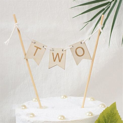 Wood Two Cake Topper Happy Birthday Cake Toppers Baby Shower Cake Topper 2st Birthday Party Banner or Boys Girls Women Men Wedding Anniversary Party Cake Decorations in Kuwait