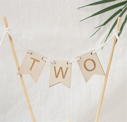Wood Two Cake Topper Happy Birthday Cake Toppers Baby Shower Cake Topper 2st Birthday Party Banner or Boys Girls Women Men Wedding Anniversary Party Cake Decorations in Kuwait