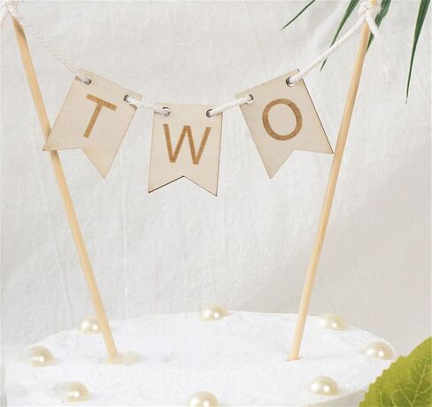Wood Two Cake Topper Happy Birthday Cake Toppers Baby Shower Cake Topper 2st Birthday Party Banner or Boys Girls Women Men Wedding Anniversary Party Cake Decorations in Kuwait
