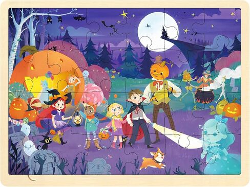 Halloween Puzzle for Kids 3 Year Old, 24 Piece Puzzles for Kids Ages 3-5 Whimsical Halloween Night, Wooden Jigsaw Puzzles for Toddlers, Preschool Puzzle with Tray in Kuwait