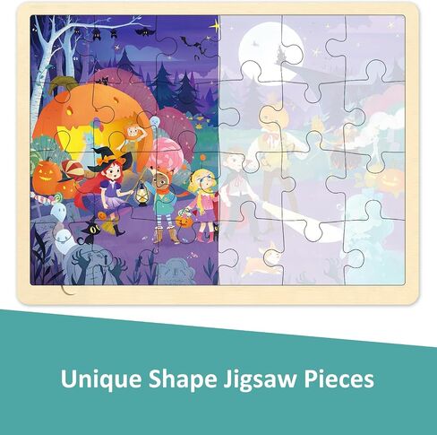 Halloween Puzzle for Kids 3 Year Old, 24 Piece Puzzles for Kids Ages 3-5 Whimsical Halloween Night, Wooden Jigsaw Puzzles for Toddlers, Preschool Puzzle with Tray in Kuwait