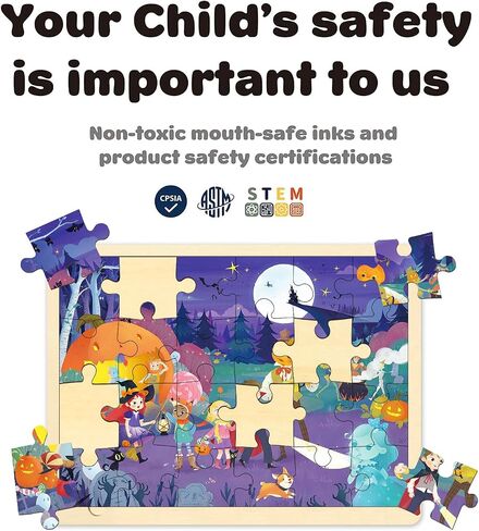 Halloween Puzzle for Kids 3 Year Old, 24 Piece Puzzles for Kids Ages 3-5 Whimsical Halloween Night, Wooden Jigsaw Puzzles for Toddlers, Preschool Puzzle with Tray in Kuwait