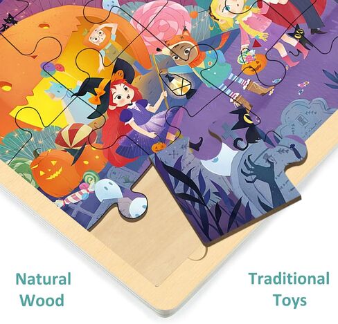 Halloween Puzzle for Kids 3 Year Old, 24 Piece Puzzles for Kids Ages 3-5 Whimsical Halloween Night, Wooden Jigsaw Puzzles for Toddlers, Preschool Puzzle with Tray in Kuwait