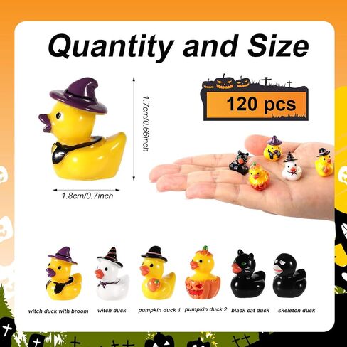 120pcs Miniature Halloween Ducks, Halloween Resin Mini Ducks Witch Skeleton Pumpkin Black Cat Broom Mini Duck Assorted Halloween Ducks for Garden Dollhouse Ornament Halloween Party Favor in Saudi Arabia