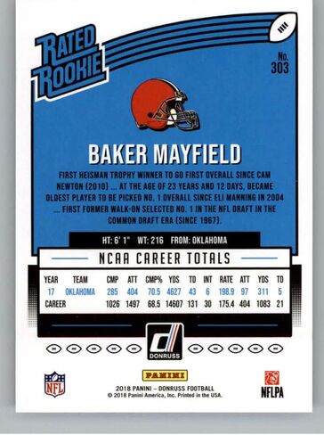 2018 Donruss Football #303 Baker Mayfield RC Rookie Card Cleveland Browns Rated Rookie Official NFL Trading Card in Saudi Arabia