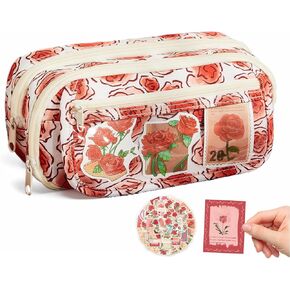 Rose Large Pencil Case Pouch Coquette Aesthetic Floral Big Stationery Bag with 50pcs Rose Stickers for Office College Makeup Adults in Saudi Arabia