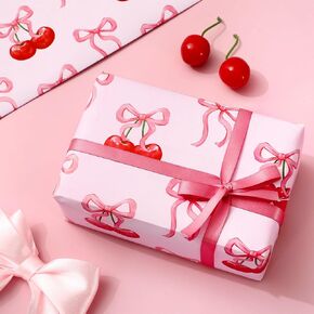 FYSUIMU 6 Sheets Pink Bow Cherry Wrapping Paper - Not Roll - Watercolor Cherry Bow Gift Wrap Paper Folded Flat for Birthday Baby Shower Wedding DIY Crafts, 19.7 x 27.6 Inch in Kuwait