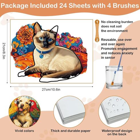 IKbodKI 24 Pcs Reusable Water Painting Toys for Dementia Products for Elderly - Dementia Activities for Seniors with 4 Brushes – Water Doodle Crafts for Alzheimer's Adults & Nursing Home Gifts (Pet) in Saudi Arabia