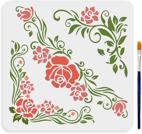 MAYJOYDIY Corner Flower Rose Stencil 11.8×11.8inch 3 Styles Vintage Rose and Vine Pattern Reusable Rose Flower Stencils for Painting with Paint Brush for Wood Canvas Wall Furniture in Saudi Arabia