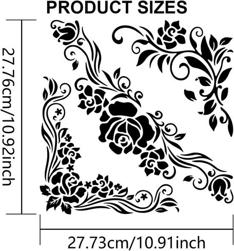 MAYJOYDIY Corner Flower Rose Stencil 11.8×11.8inch 3 Styles Vintage Rose and Vine Pattern Reusable Rose Flower Stencils for Painting with Paint Brush for Wood Canvas Wall Furniture in Saudi Arabia