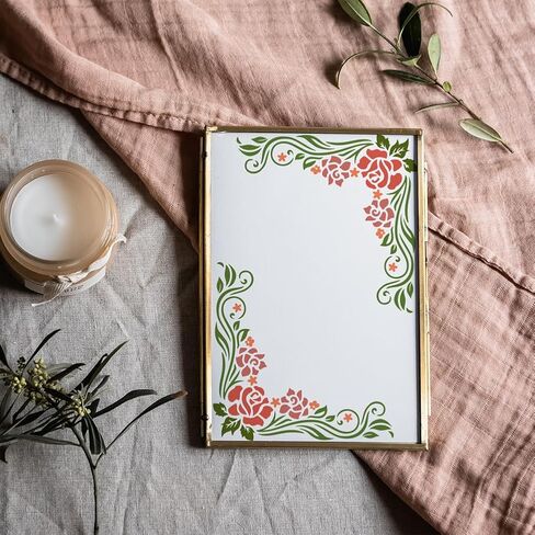 MAYJOYDIY Corner Flower Rose Stencil 11.8×11.8inch 3 Styles Vintage Rose and Vine Pattern Reusable Rose Flower Stencils for Painting with Paint Brush for Wood Canvas Wall Furniture in Saudi Arabia