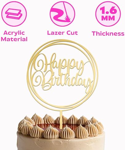 JUSTCAKETOPPERS Happy Birthday Gold Multi-Circle Acrylic Cake Topper, Elegant Birthday Cake Decoration for Party & Celebration in Saudi Arabia