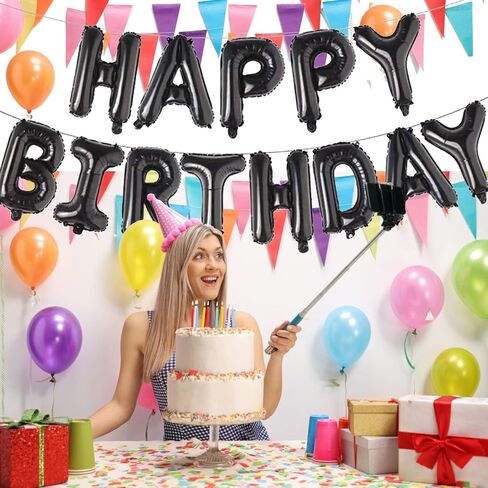 عيد ميلاد سعيد البالون شعار الحفلة 16 بوصة 3D الألومنيوم رقائق الرسائل القابلة للنفخ مجموعة البالونات بانر البالونات عيد ميلاد الحفلة الإمدادات (الأسود) in Saudi Arabia