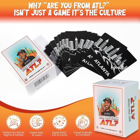 هل انت من ATL؟ لعبة بطاقة Atlanta Trivia ، لعبة حفلات البالغين للسكان المحليين والزوار ، وبطاقات ATL للثقافة ومسابقة التاريخ ، تتراوح أعمارهم بين 18 عامًا in Saudi Arabia