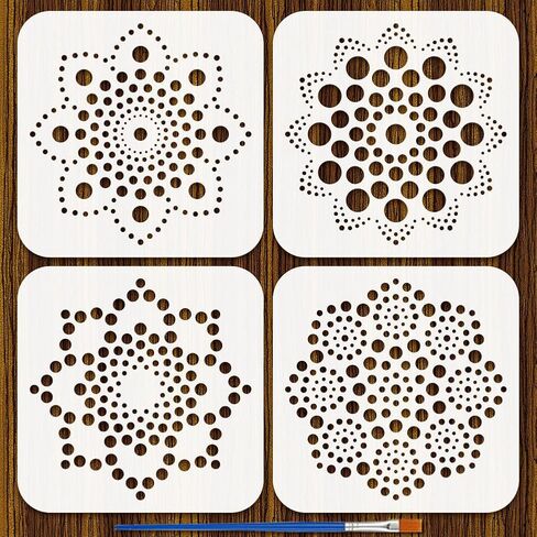 Fingerinspire 4pcs الفنون الشعبية الزهور الإستنسل مع الفرشاة 5.9x5.9 بوصة قابلة لإعادة الاستخدام النمط النمط المجردة زهور التصميم الفني للاستنسل مواضيع شعبية للطلاء على الأثاث الحائط الخشبي in Saudi Arabia
