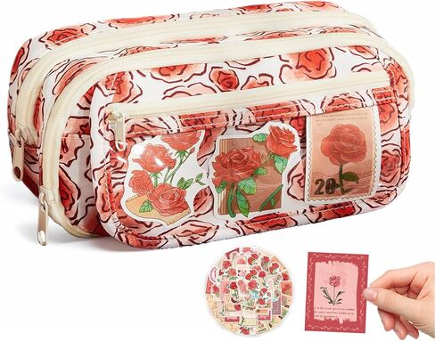 روز قلم رصاص كبير حقيبة كيس كويكيت جمالية الأزهار الحقيقية الكبيرة مع ملصقات الورد 50pcs لمكياج كوليدج للبالغين in Saudi Arabia