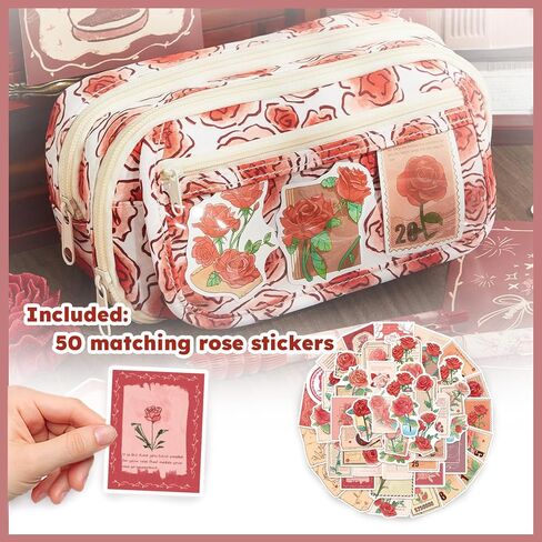 روز قلم رصاص كبير حقيبة كيس كويكيت جمالية الأزهار الحقيقية الكبيرة مع ملصقات الورد 50pcs لمكياج كوليدج للبالغين in Saudi Arabia