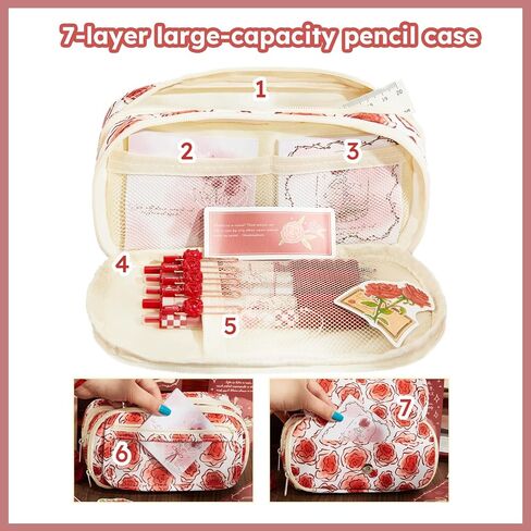 روز قلم رصاص كبير حقيبة كيس كويكيت جمالية الأزهار الحقيقية الكبيرة مع ملصقات الورد 50pcs لمكياج كوليدج للبالغين in Saudi Arabia