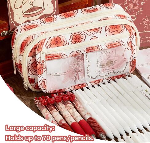 روز قلم رصاص كبير حقيبة كيس كويكيت جمالية الأزهار الحقيقية الكبيرة مع ملصقات الورد 50pcs لمكياج كوليدج للبالغين in Saudi Arabia