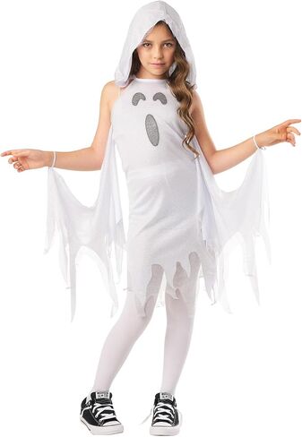 Seasons Shimmer Ghost Costume for Kids, Black Light Halloween Outfit, White Hooded Dress in Saudi Arabia