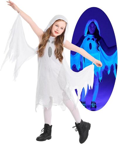 Seasons Shimmer Ghost Costume for Kids, Black Light Halloween Outfit, White Hooded Dress in Saudi Arabia