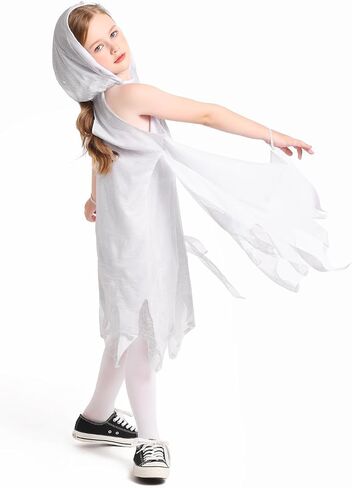 Seasons Shimmer Ghost Costume for Kids, Black Light Halloween Outfit, White Hooded Dress in Saudi Arabia