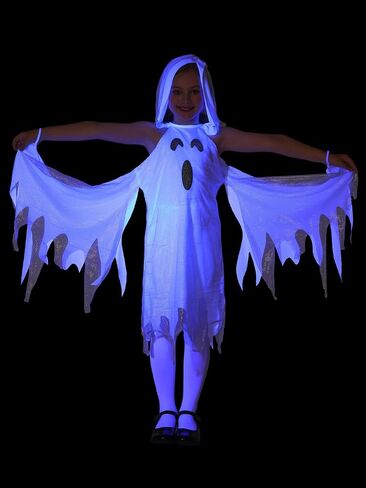 Seasons Shimmer Ghost Costume for Kids, Black Light Halloween Outfit, White Hooded Dress in Saudi Arabia