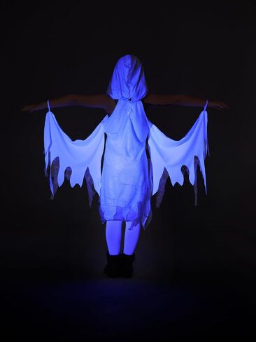 Seasons Shimmer Ghost Costume for Kids, Black Light Halloween Outfit, White Hooded Dress in Saudi Arabia