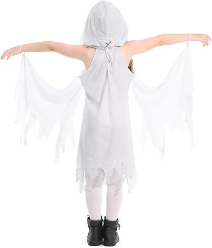 Seasons Shimmer Ghost Costume for Kids, Black Light Halloween Outfit, White Hooded Dress in Saudi Arabia