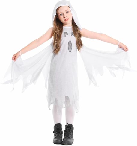 Seasons Shimmer Ghost Costume for Kids, Black Light Halloween Outfit, White Hooded Dress in Saudi Arabia