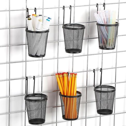 6 Sets Grid Wall Cups with Ring Hooks, hanging pencil holder Wall Mount Wire Grid Panel Pen Holder Organizer gridwall Accessories for Office Home Garage in Saudi Arabia