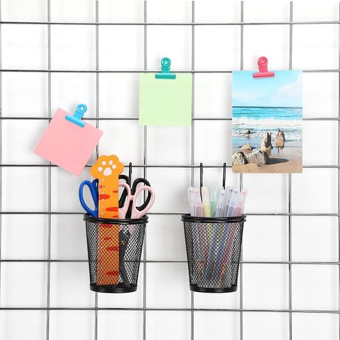 6 Sets Grid Wall Cups with Ring Hooks, hanging pencil holder Wall Mount Wire Grid Panel Pen Holder Organizer gridwall Accessories for Office Home Garage in Saudi Arabia