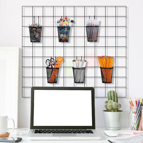 6 Sets Grid Wall Cups with Ring Hooks, hanging pencil holder Wall Mount Wire Grid Panel Pen Holder Organizer gridwall Accessories for Office Home Garage in Saudi Arabia