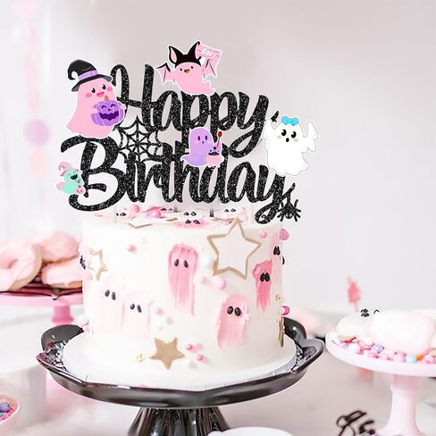 Halloween Ghost Happy Birthday Cake Topper Black Glitter Halloween Birthday Cake Decorations Pastel Ghost Cake Picks Ghosts Boo Day Baby Shower Decor for Birthday Party Supplies in Saudi Arabia