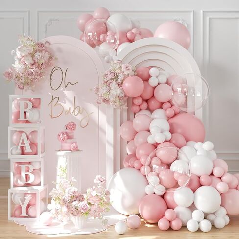 Pink Balloon Baby Shower Decorations for Girl, 140Pcs Pink and White Balloon Arch Garland Kit Baby Boxes with Letters for Girl Boho Baby Shower Gender Reveal Wedding Birthday Party Decorations in Saudi Arabia