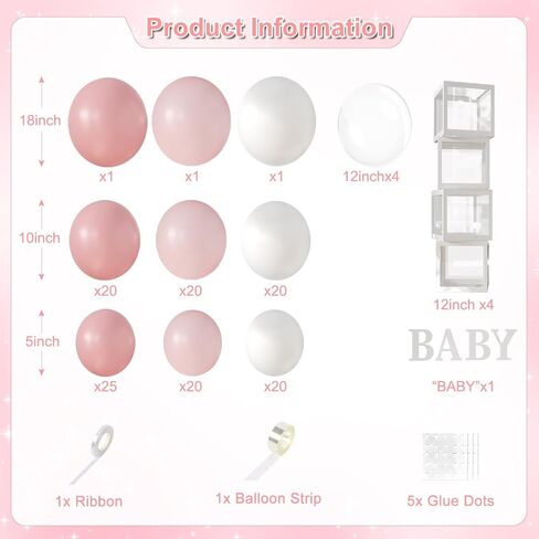 Pink Balloon Baby Shower Decorations for Girl, 140Pcs Pink and White Balloon Arch Garland Kit Baby Boxes with Letters for Girl Boho Baby Shower Gender Reveal Wedding Birthday Party Decorations in Saudi Arabia