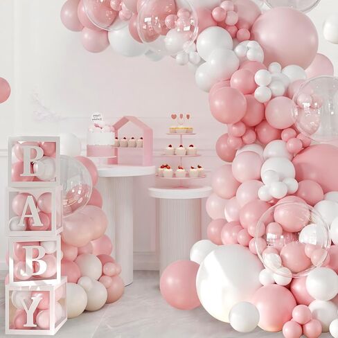 Pink Balloon Baby Shower Decorations for Girl, 140Pcs Pink and White Balloon Arch Garland Kit Baby Boxes with Letters for Girl Boho Baby Shower Gender Reveal Wedding Birthday Party Decorations in Saudi Arabia