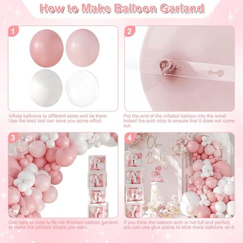 Pink Balloon Baby Shower Decorations for Girl, 140Pcs Pink and White Balloon Arch Garland Kit Baby Boxes with Letters for Girl Boho Baby Shower Gender Reveal Wedding Birthday Party Decorations in Saudi Arabia