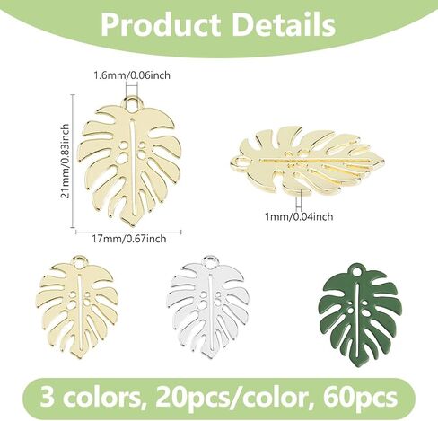 DICOSMETIC 60pcs Mixed Color Tropical Leaf Charms, 3 Colors, 20pcs/Color, 17x21mm, 1.6mm Hole, Alloy, Unisex, Boho-Tropical, Jewelry Making Charm in Saudi Arabia