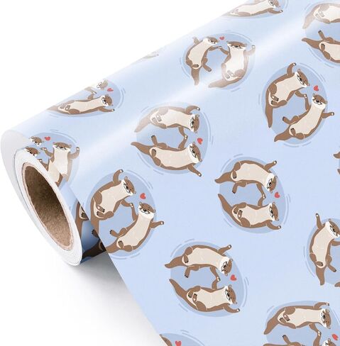WRAPAHOLIC Birthday Otter Wrapping Paper Roll - Mini Roll - 17 Inch x 16.5 Feet - Cute Cartoon Otter with Hearts Wrapping Paper Perfect for Men Women, Friends, Birthday, Wedding, Valentines Day in Saudi Arabia