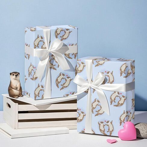 WRAPAHOLIC Birthday Otter Wrapping Paper Roll - Mini Roll - 17 Inch x 16.5 Feet - Cute Cartoon Otter with Hearts Wrapping Paper Perfect for Men Women, Friends, Birthday, Wedding, Valentines Day in Saudi Arabia