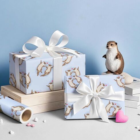 WRAPAHOLIC Birthday Otter Wrapping Paper Roll - Mini Roll - 17 Inch x 16.5 Feet - Cute Cartoon Otter with Hearts Wrapping Paper Perfect for Men Women, Friends, Birthday, Wedding, Valentines Day in Saudi Arabia
