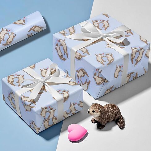 WRAPAHOLIC Birthday Otter Wrapping Paper Roll - Mini Roll - 17 Inch x 16.5 Feet - Cute Cartoon Otter with Hearts Wrapping Paper Perfect for Men Women, Friends, Birthday, Wedding, Valentines Day in Saudi Arabia