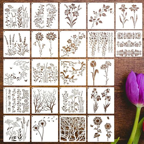 22 Pcs 5.9 Inch Small Flower Stencils for Crafts Reusable,Stencils for Painting, Wildflower Stencil with Sunflower, Botanical Leaf Tree Plant Pattern for Drawing on Fabric Walls Paper Wood Floor in Saudi Arabia