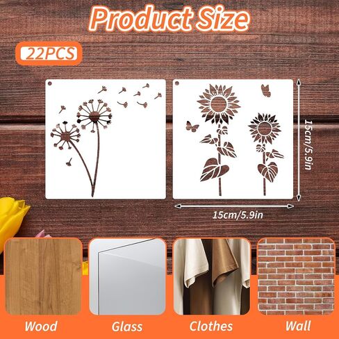22 Pcs 5.9 Inch Small Flower Stencils for Crafts Reusable,Stencils for Painting, Wildflower Stencil with Sunflower, Botanical Leaf Tree Plant Pattern for Drawing on Fabric Walls Paper Wood Floor in Saudi Arabia