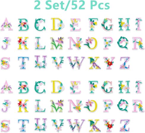 Yolev Iron On Letter Patches, 2 Sets (52 Pieces) A-Z Flower Embroidery Alphabet Patches, Glitter Sew-On Embroidered Letters for Clothing in Saudi Arabia