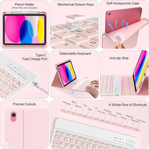 COO 7 Color Backlit Keyboard Case for iPad 11th A16 /10th Gen | 7-Color Backlit Detachable Bluetooth Keyboard, Pencil Holder, Auto Wake/Sleep, 3 Angles, PU TPU Cover, Pink in Saudi Arabia