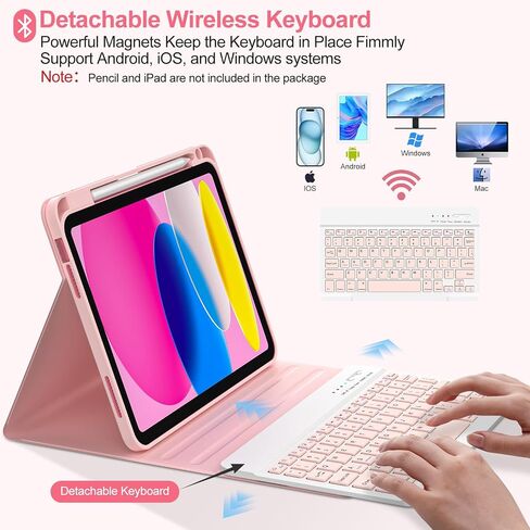 COO 7 Color Backlit Keyboard Case for iPad 11th A16 /10th Gen | 7-Color Backlit Detachable Bluetooth Keyboard, Pencil Holder, Auto Wake/Sleep, 3 Angles, PU TPU Cover, Pink in Saudi Arabia